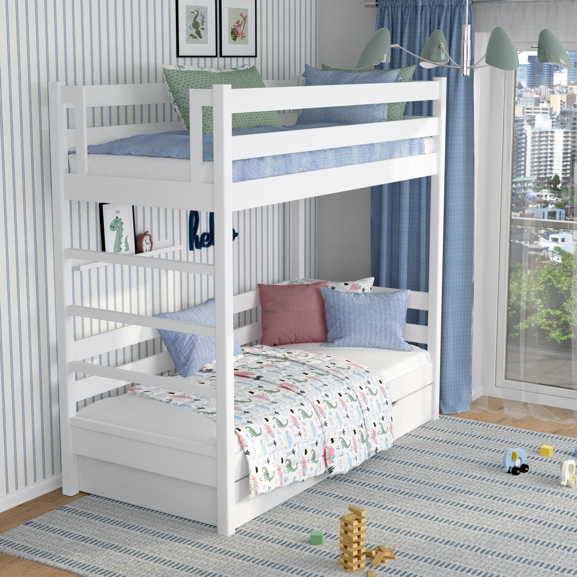 Stapelbed wit voor kinderen – twee slaapplaatsen en lade, houten