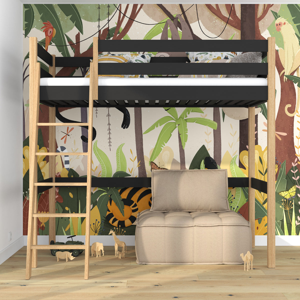 Hoogslaper zwart-eiken – houten ladder en valbescherming, Nizio Home