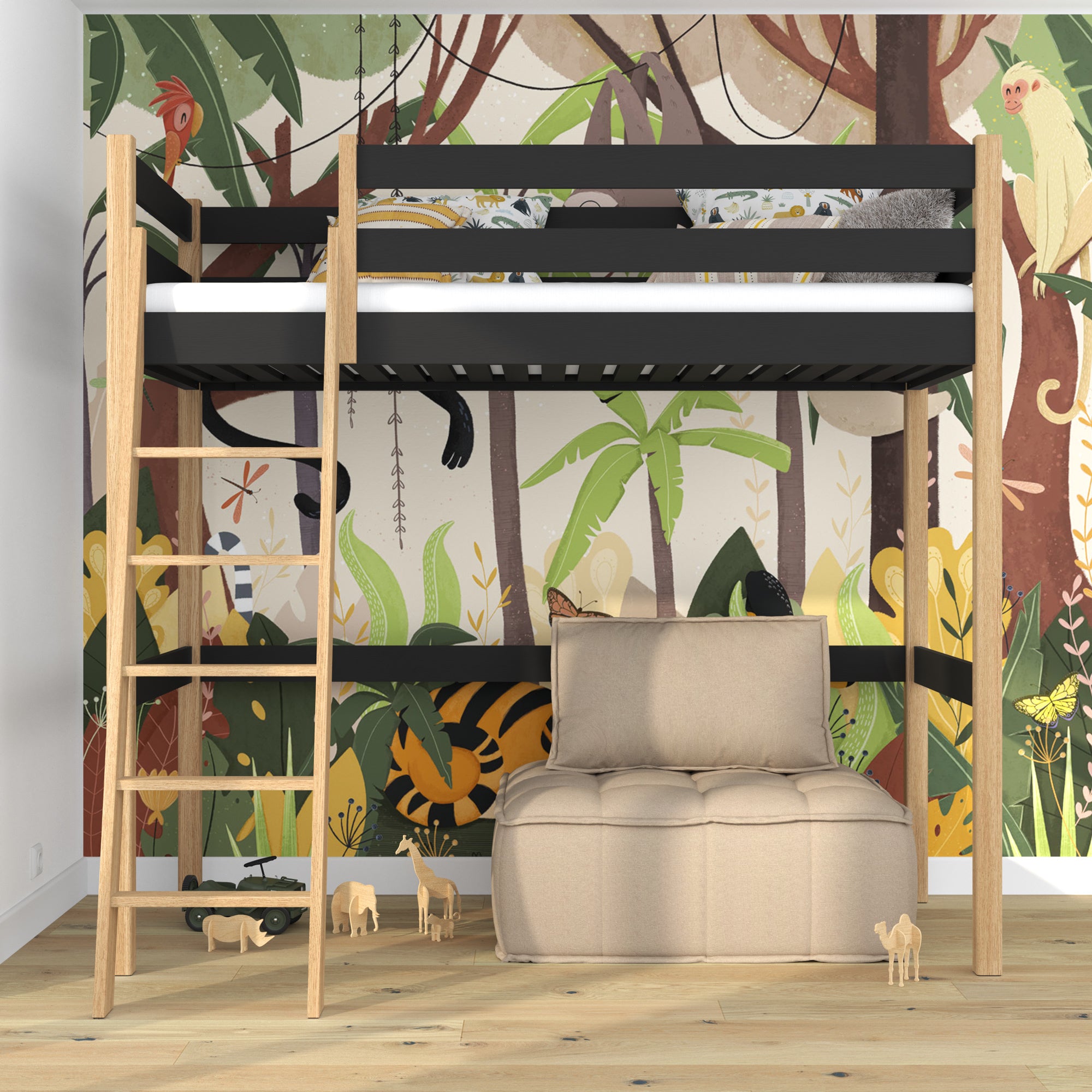 Hoogslaper zwart-eiken – houten ladder en valbescherming, Nizio Home