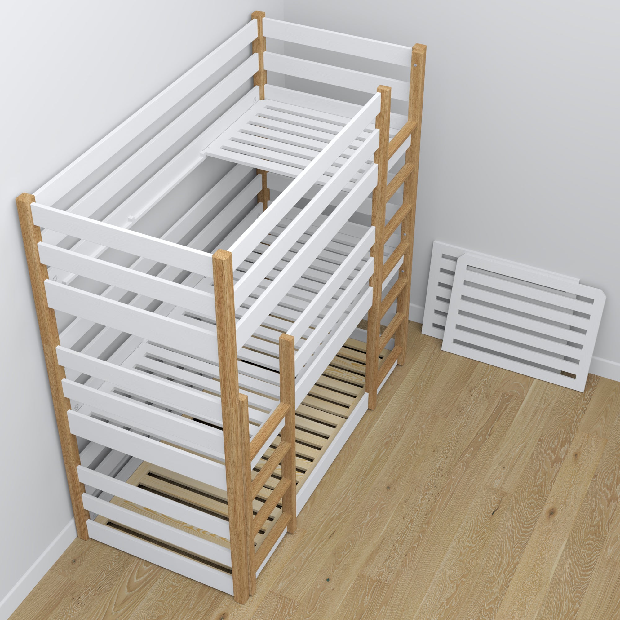 3-laags stapelbed wit met eiken in kinderkamer – scandi inrichting, Nizio