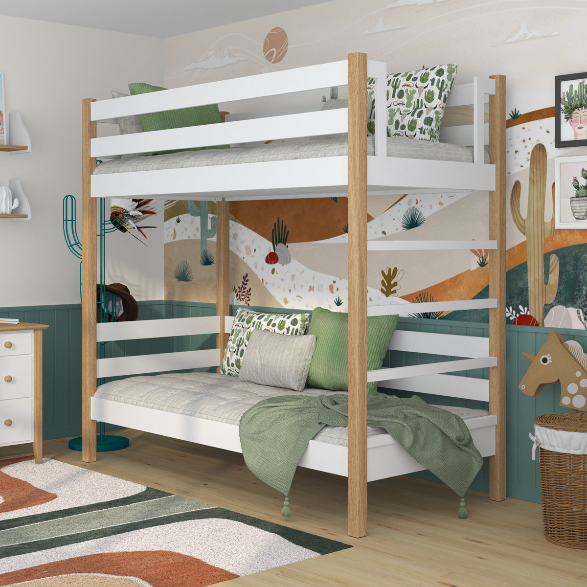 Stapelbed houten wit-eiken – close-up verbindingen en houtdetails