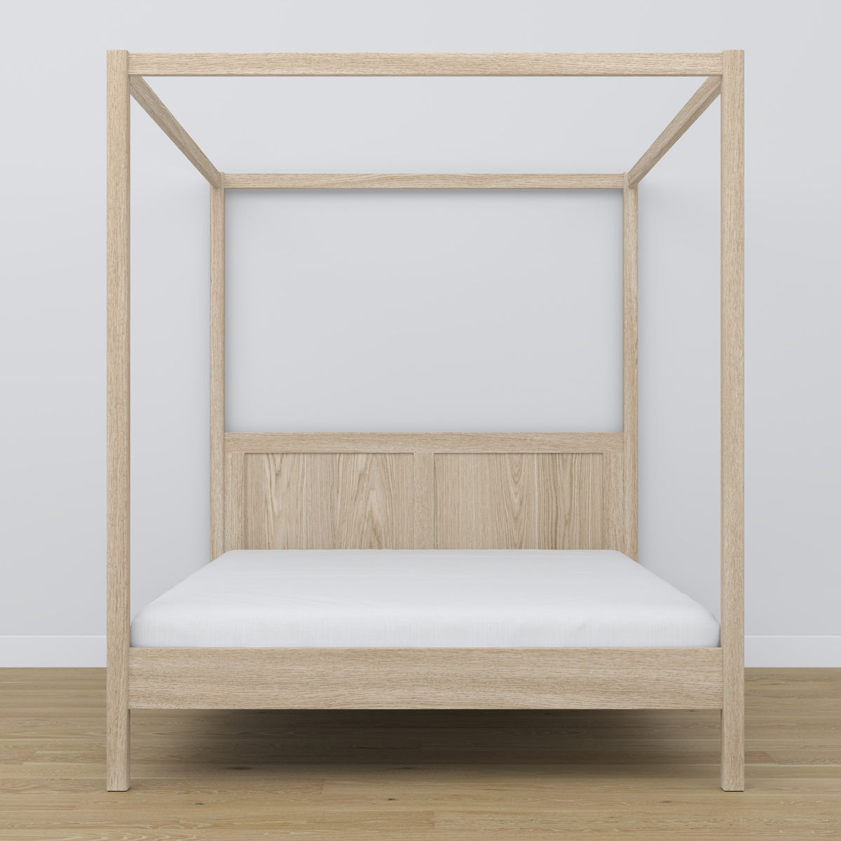 Tweepersoonsbed met hemel eiken gewit eiken – hoofdeinde en frame, close-up
