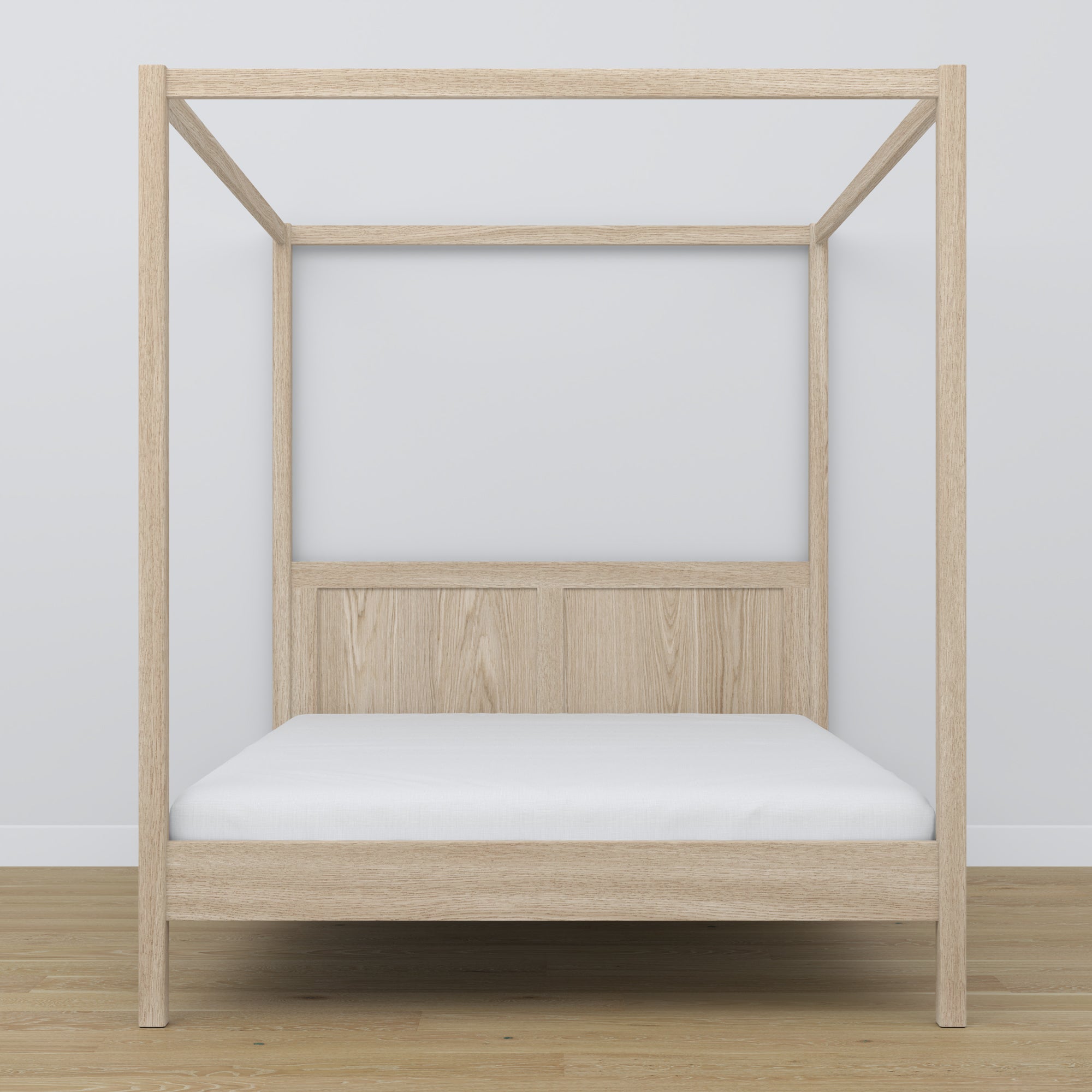 Tweepersoonsbed met hemel eiken gewit eiken – hoofdeinde en frame, close-up