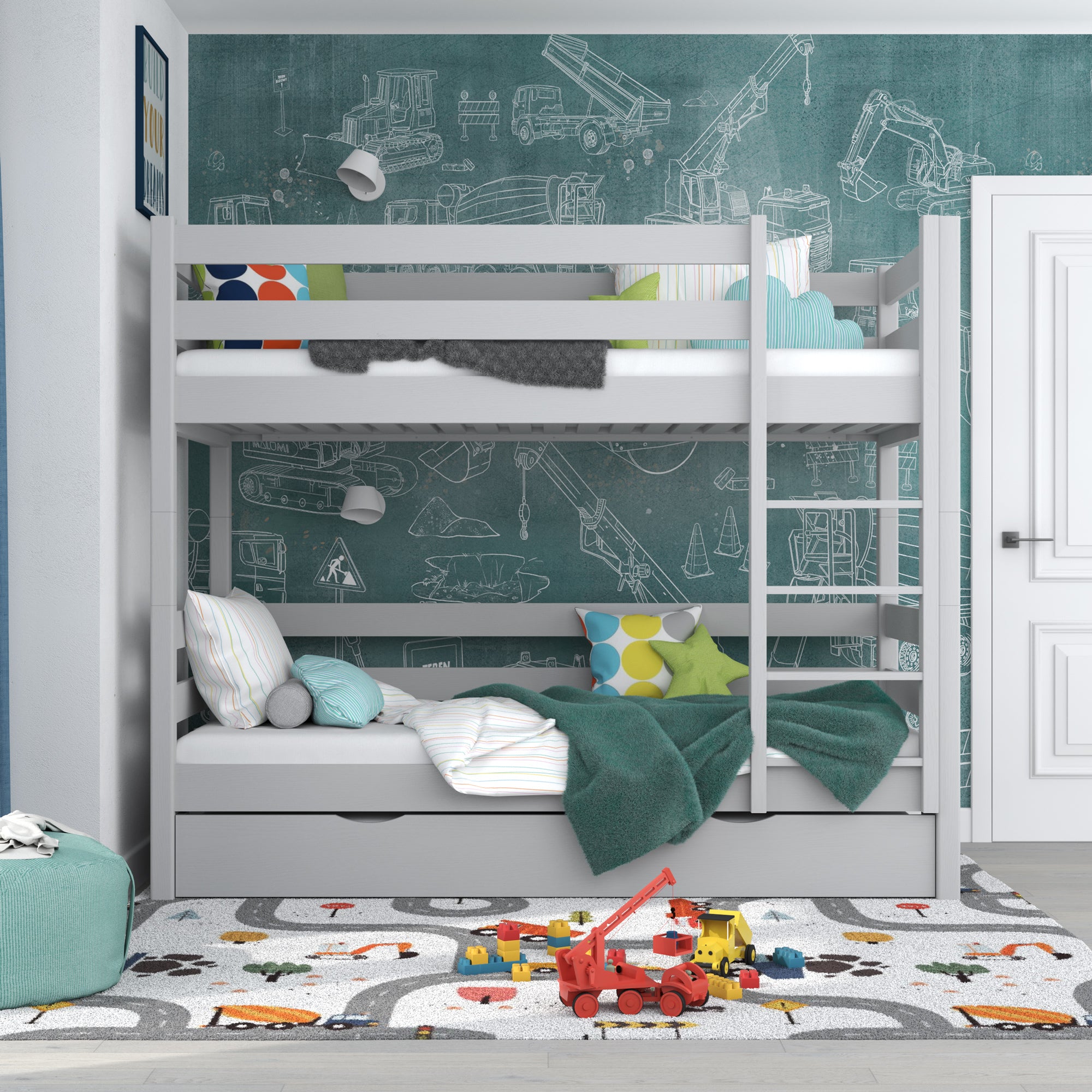 Stapelbed grijs met matraslade – bedhek, houten, Nizio Home