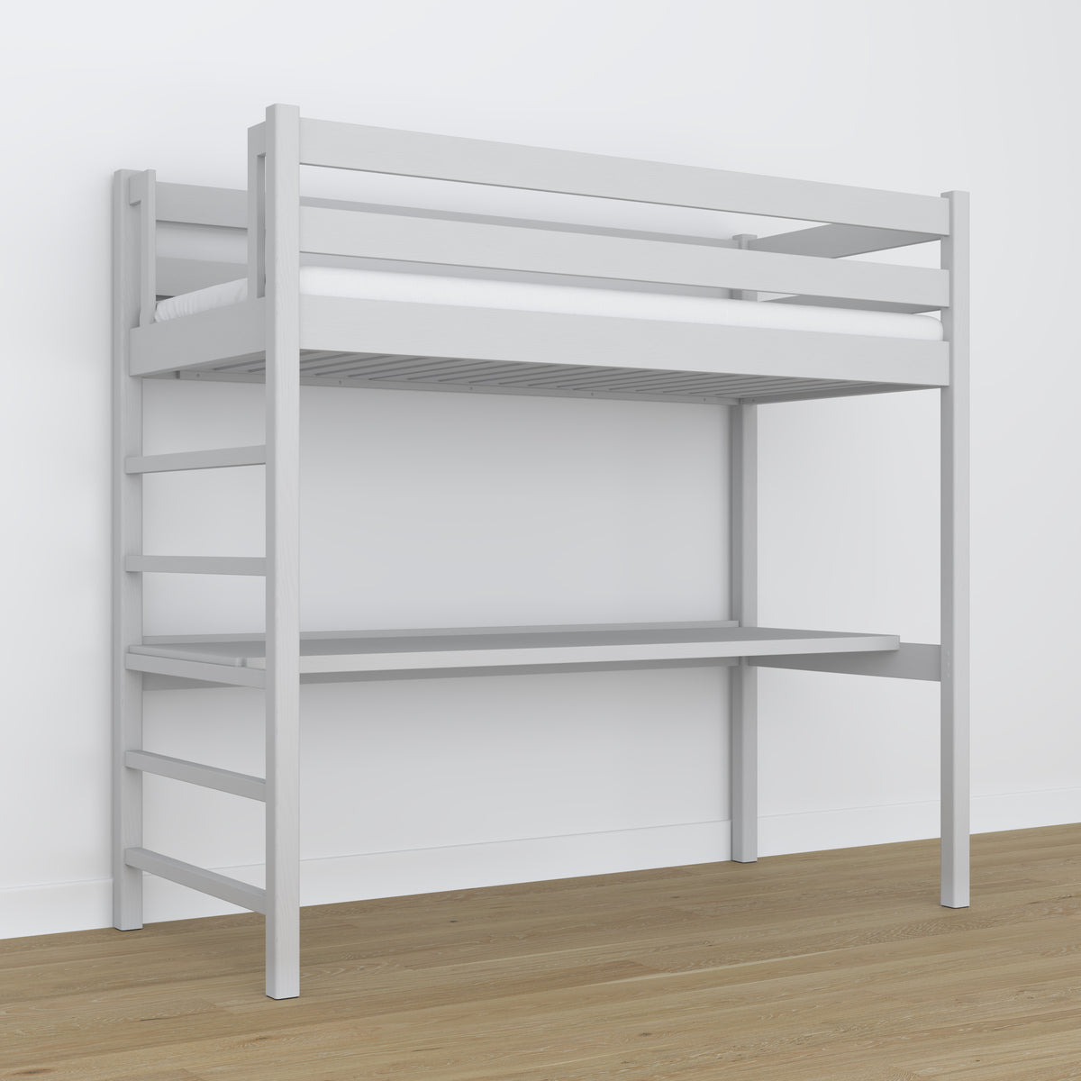 Hoogslaperbed grijs van hout – bovenaanzicht slaapkamer, Nizio