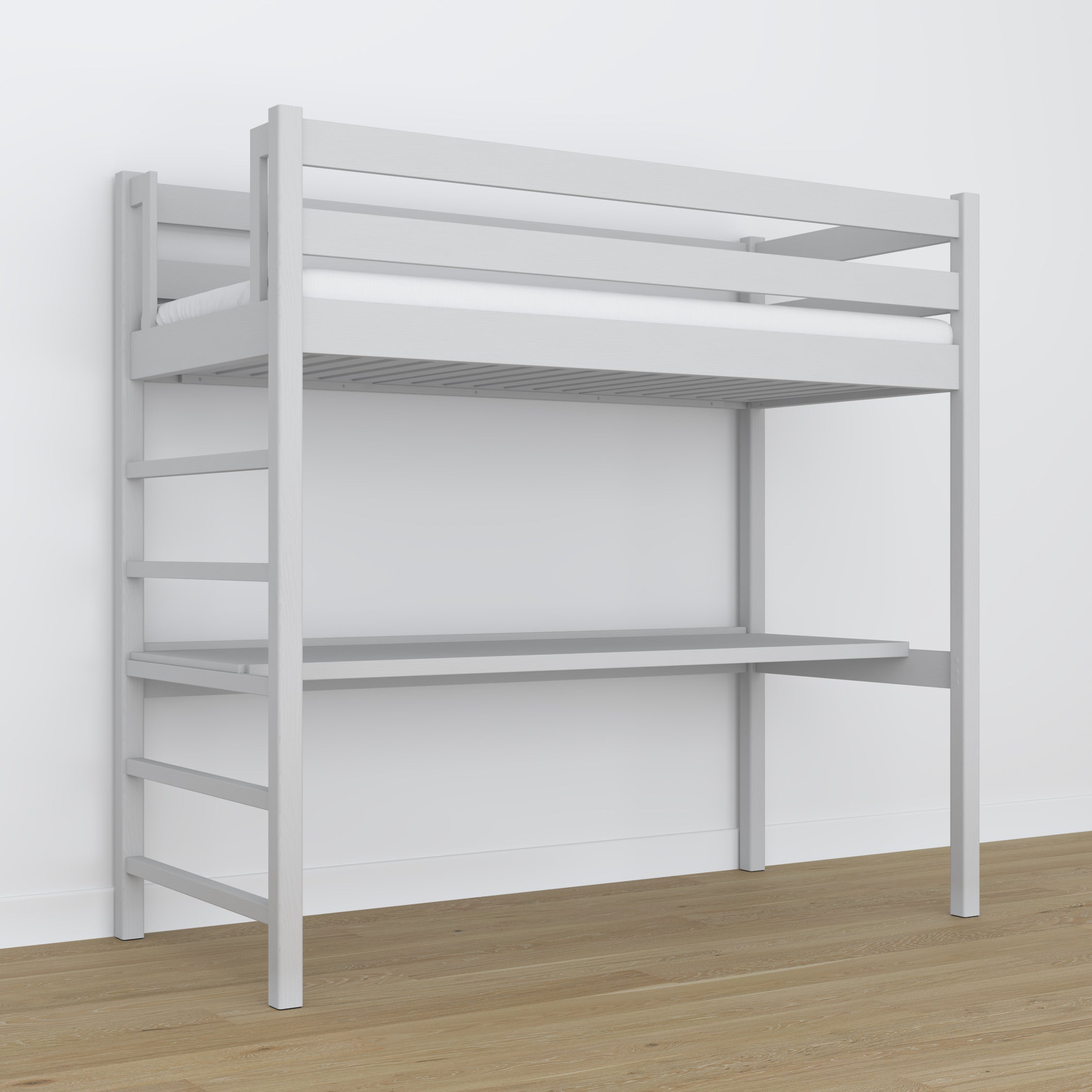 Hoogslaperbed grijs van hout – bovenaanzicht slaapkamer, Nizio