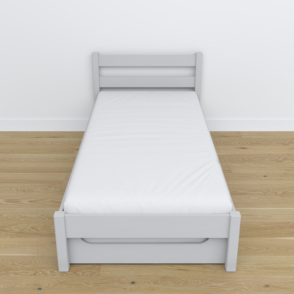 Bed grey – mattress drawer, wooden details, Nizio Home