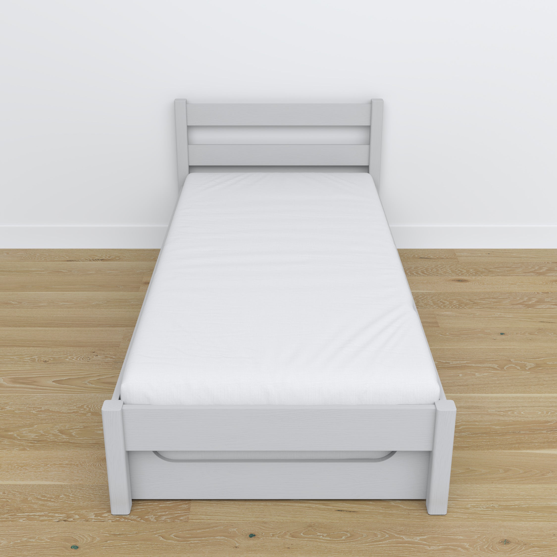 Bed grey – mattress drawer, wooden details, Nizio Home