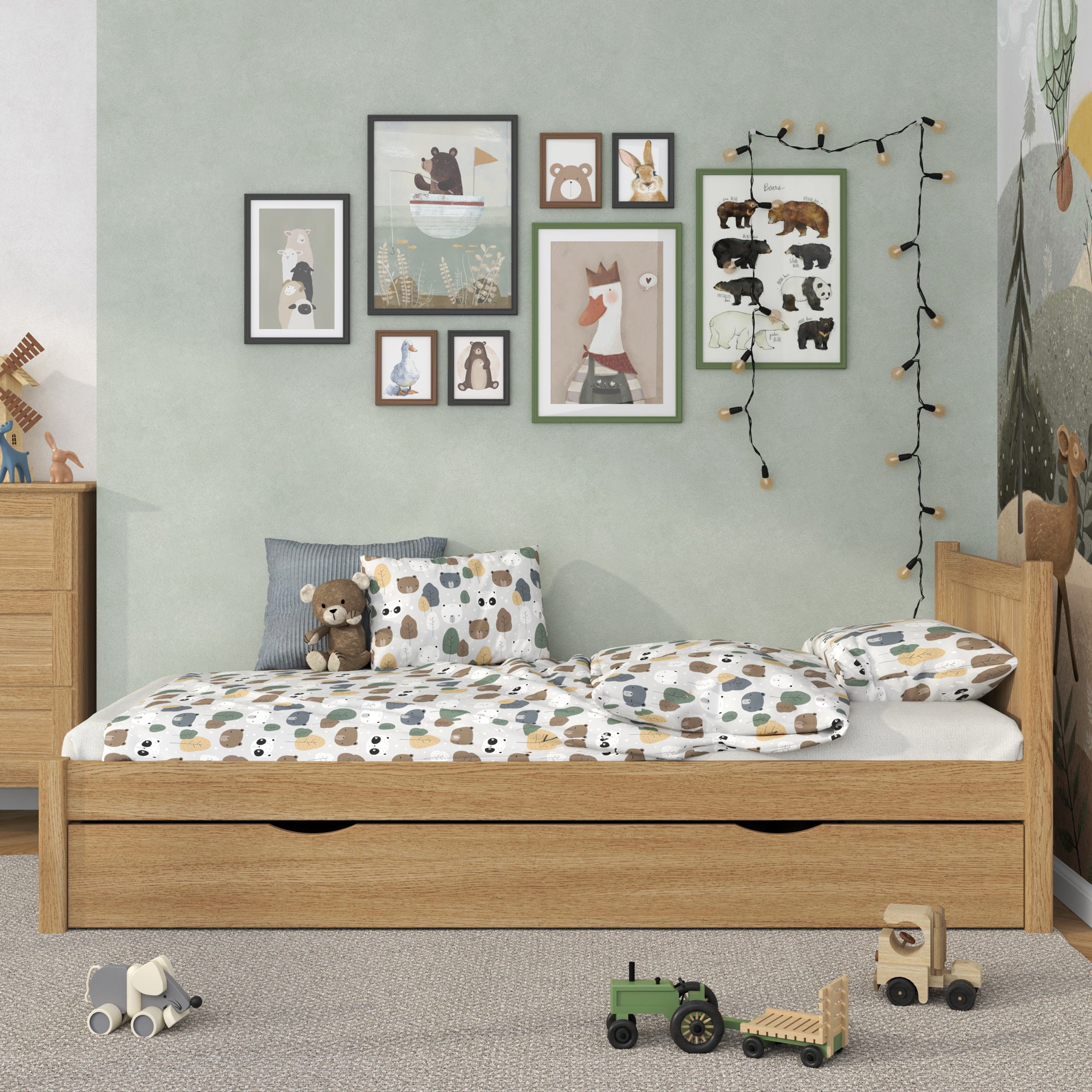 Bed naturel eiken met lade – zijaanzicht, eiken, Nizio Home