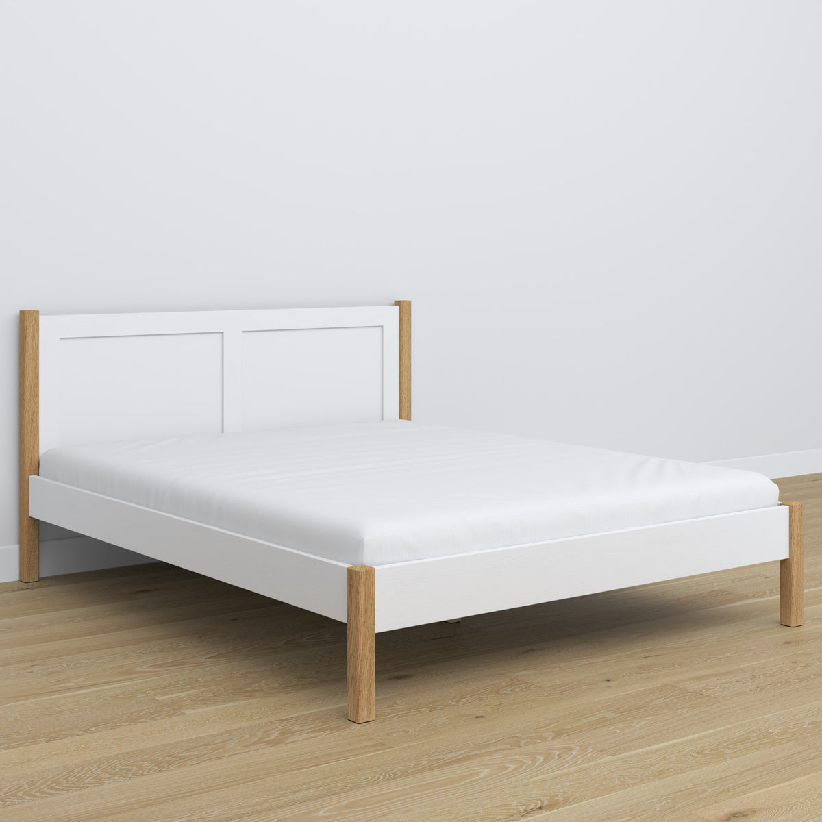 Tweepersoons bed wit-eiken – hoofdeinde houten, close-up op houtskwaliteit