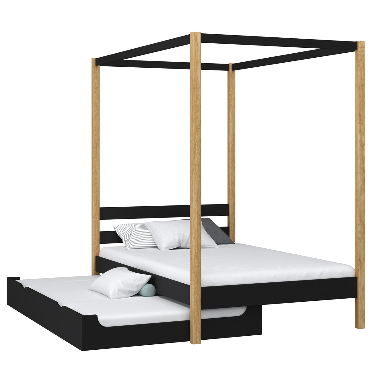 Bed met hemelbed en matraslade houten zwart-eiken – kinderkamer scandi