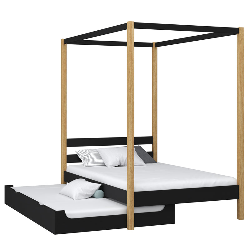 Bed met hemelbed en matraslade houten zwart-eiken – kinderkamer scandi