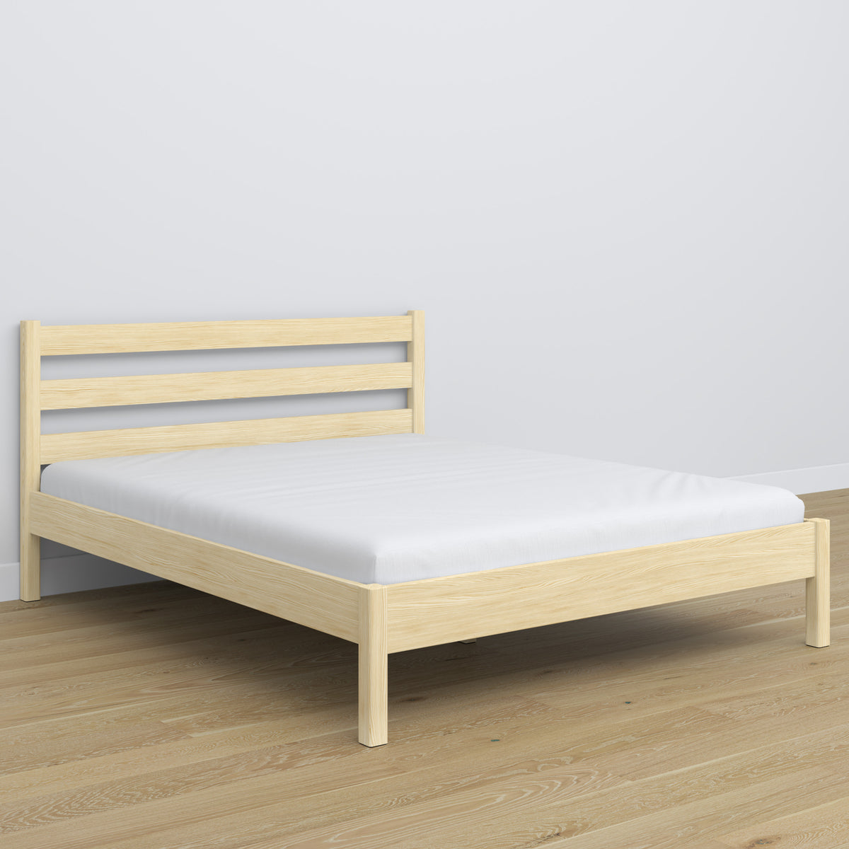 Tweepersoonsbed transparant grenen – houten hoofdbord, close-up van houtwaliteit