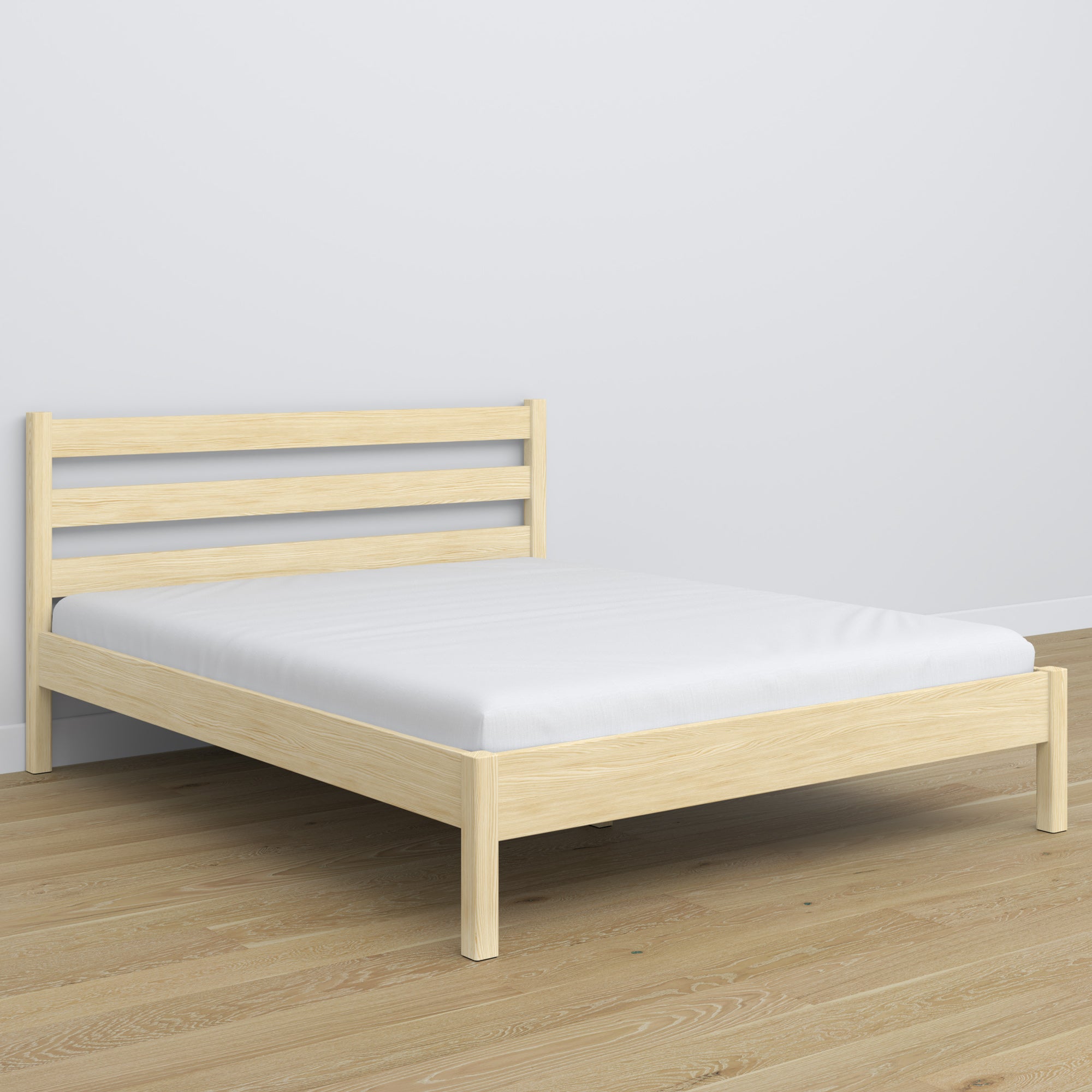 Tweepersoonsbed transparant grenen – houten hoofdbord, close-up van houtwaliteit