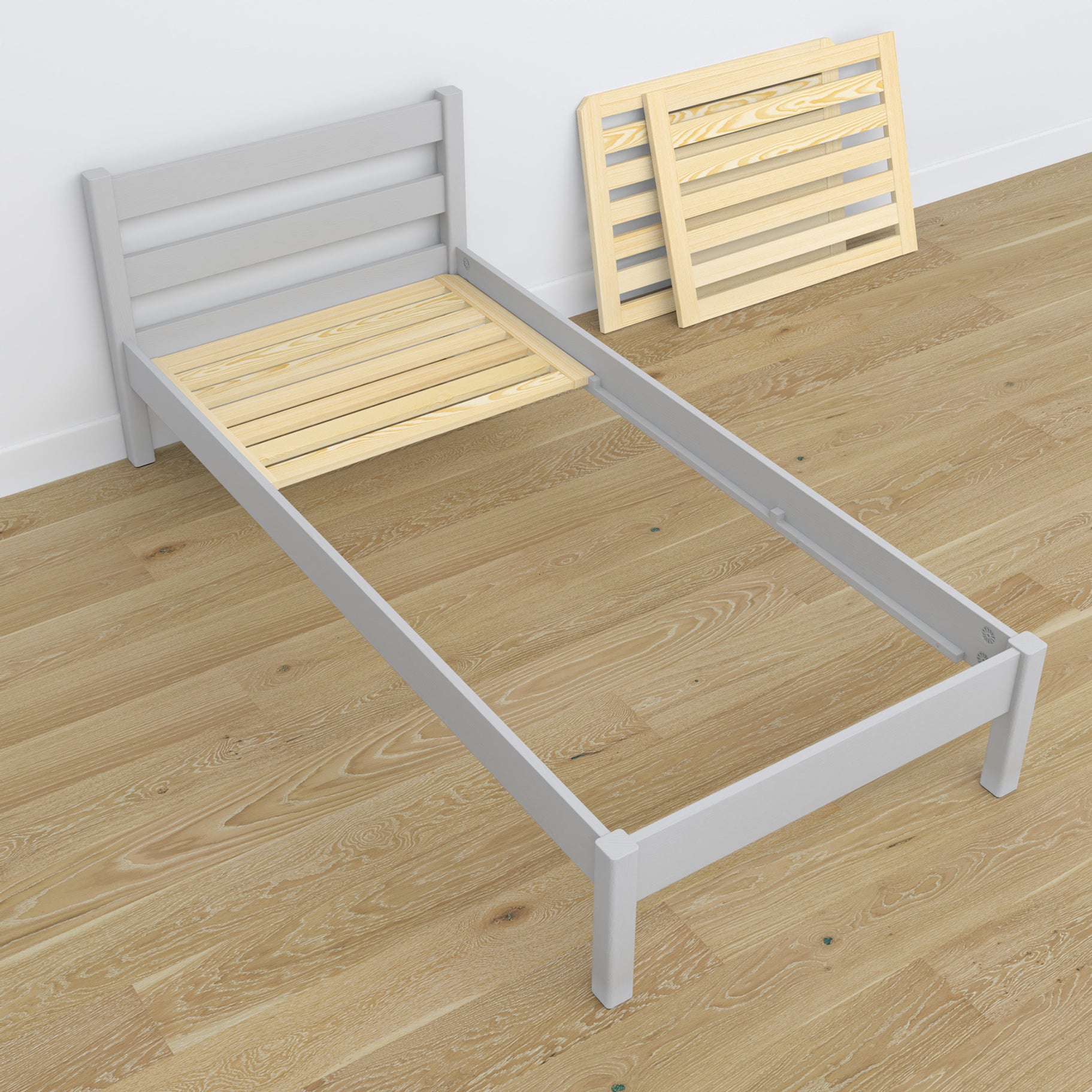 Single wooden bed grey – angled view, scandi children’s room