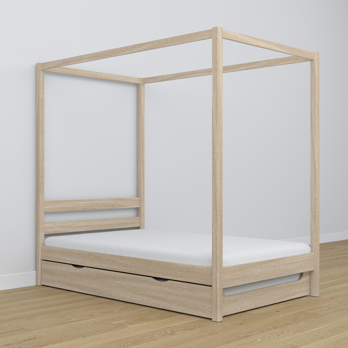 Bed gewit eiken met hemel – lade voor extra matras, eiken