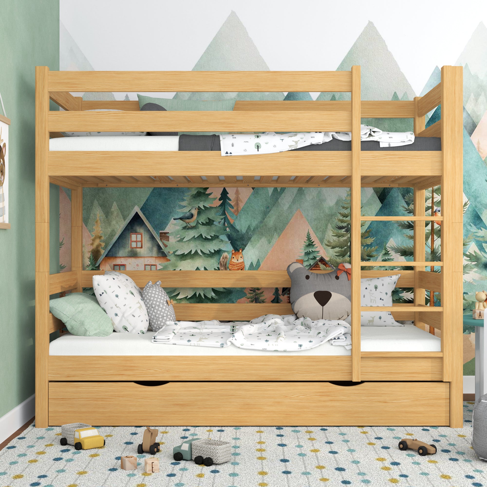 Stapelbed naturel grenen met lade – bedhek en ladder houten, Nizio