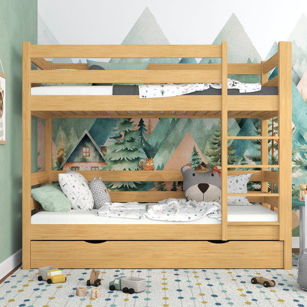 Natural Pine Bunk Bed with Drawer – Wooden Safety Rail and Ladder, Nizio