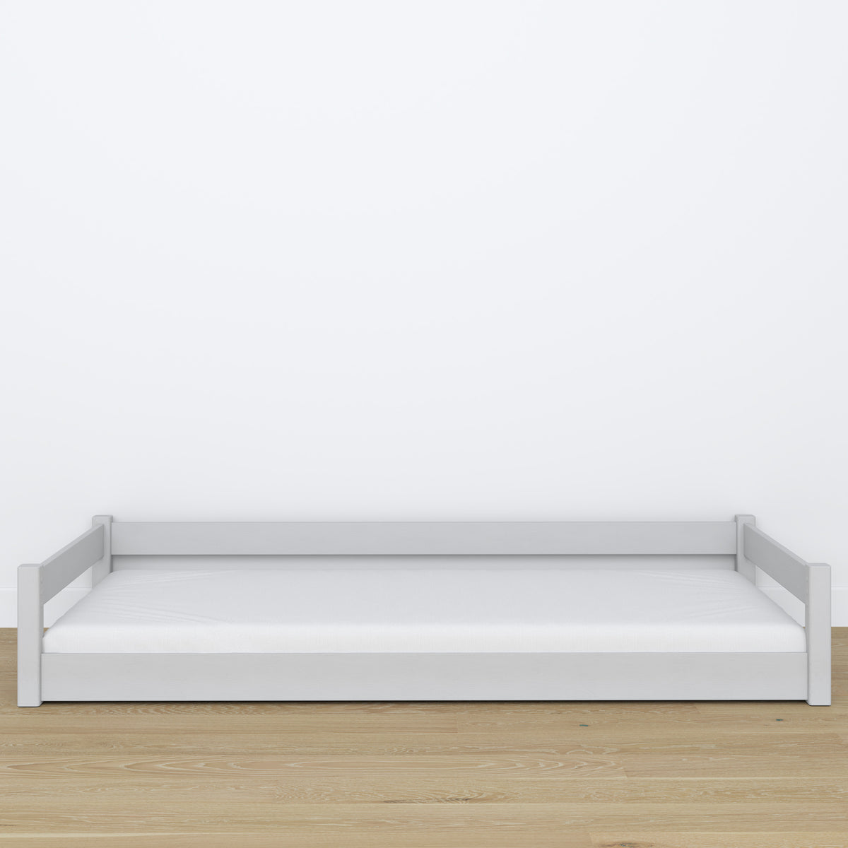 Laag bed grijs in slaapkamer – Scandinavische styling, houten