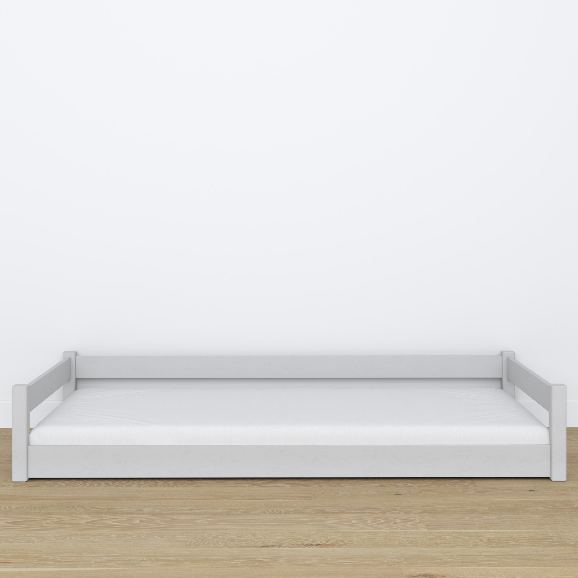 Laag bed grijs in slaapkamer – Scandinavische styling, houten