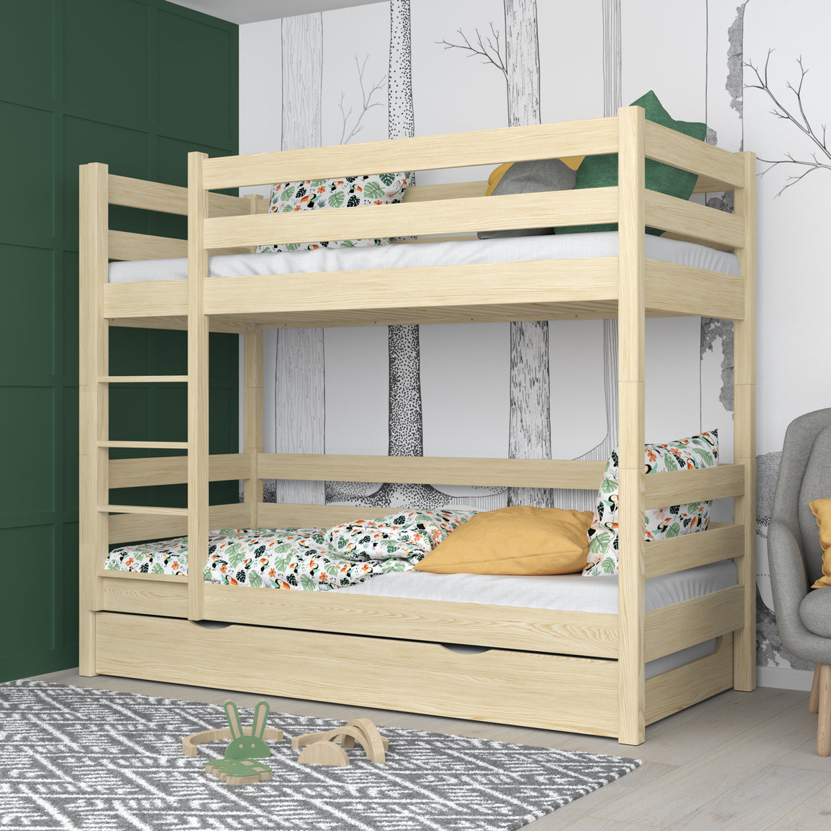 Stapelbed houten transparant grenen – ladder, bedhekken, lade voor extra matras