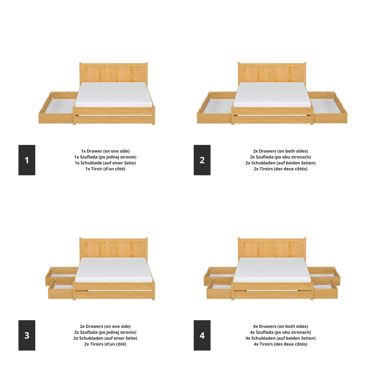 Tweepersoonsbed naturel grenen met lade in slaapkamer – Scandinavische inrichting