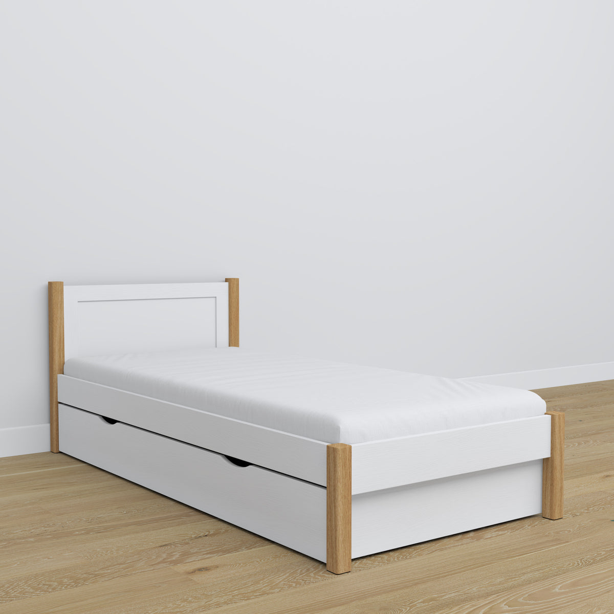 Wooden bed with drawer white-oak – child’s room, scandi arrangement