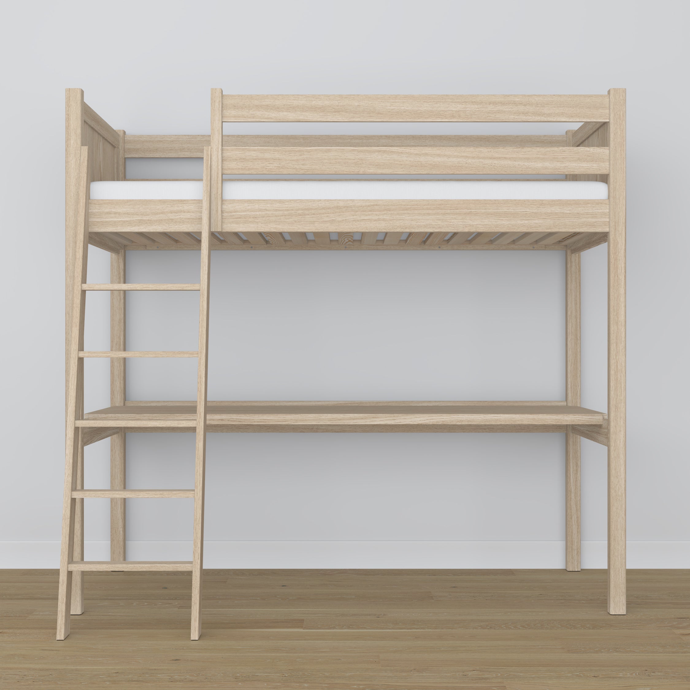 Loft bed bleached oak with desk – study space under the sleeping area, oak