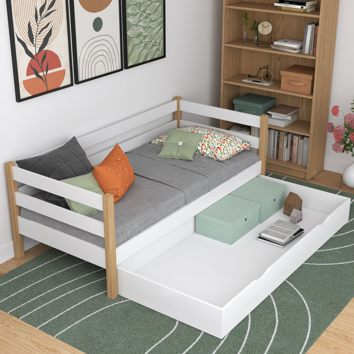 Sofabed wit-eiken met lade – ruime opbergruimte, houten, Nizio