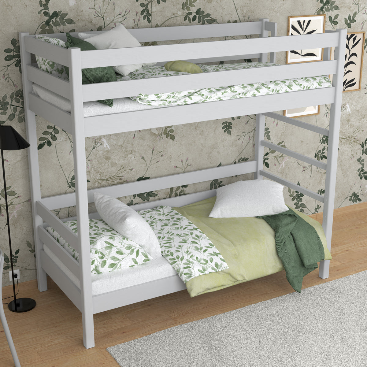 Stapelbed grijs in kinderkamer – scandi inrichting, houten