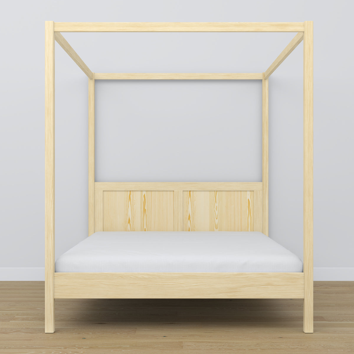 Tweepersoons bed met hemel houten transparant grenen – hoofdeinde en frame, close-up