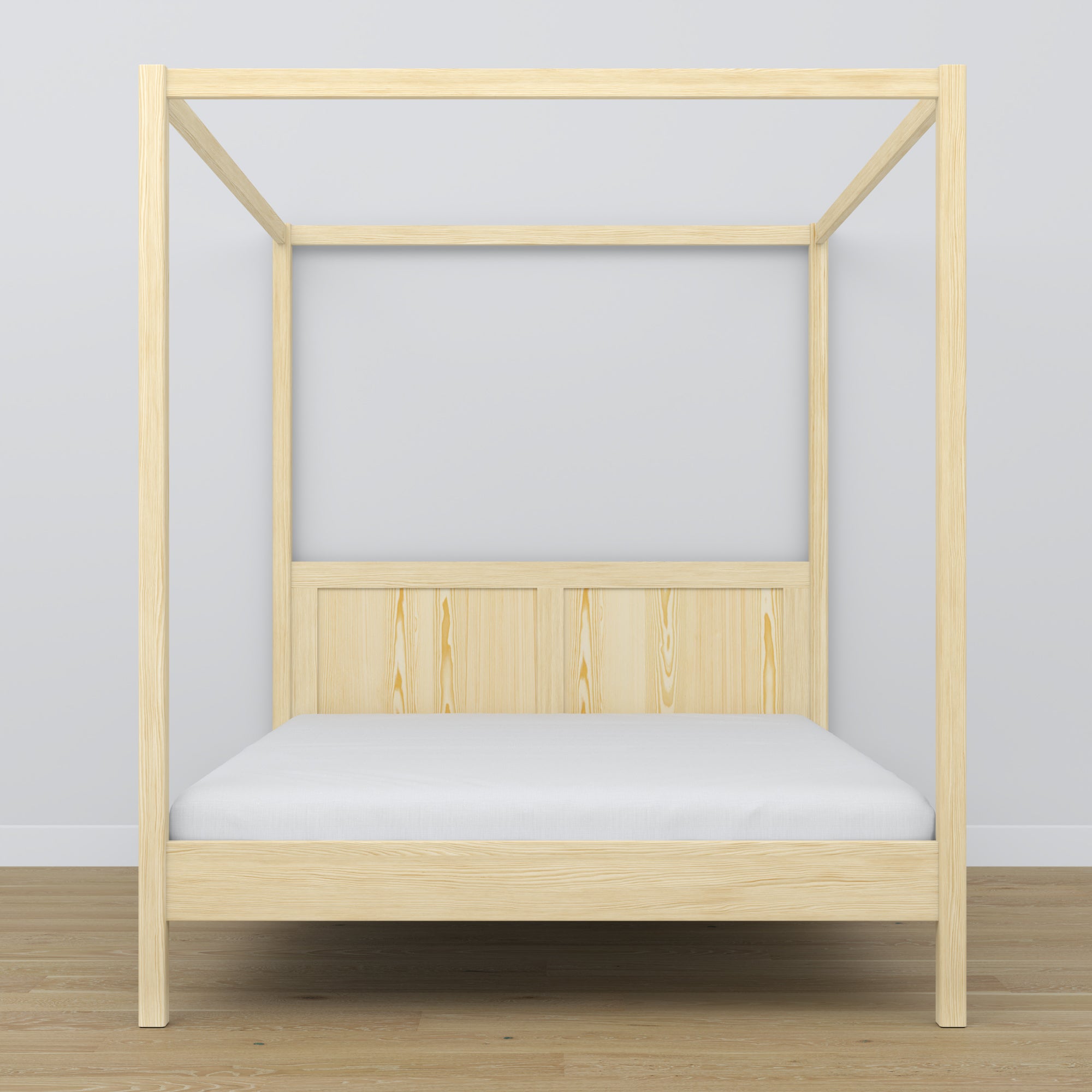 Tweepersoons bed met hemel houten transparant grenen – hoofdeinde en frame, close-up