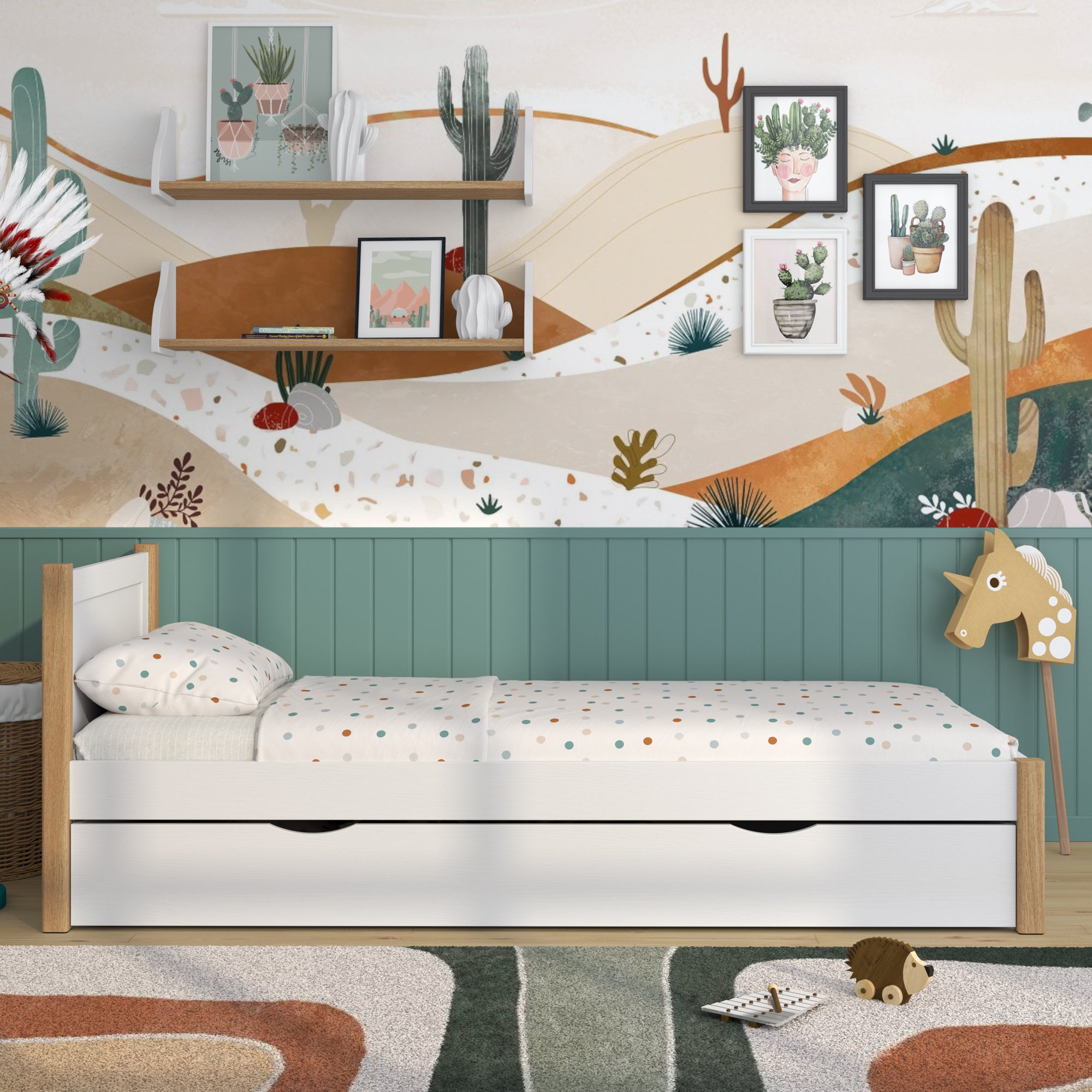 Bed white/oak with drawer – side view, wooden, Nizio Home