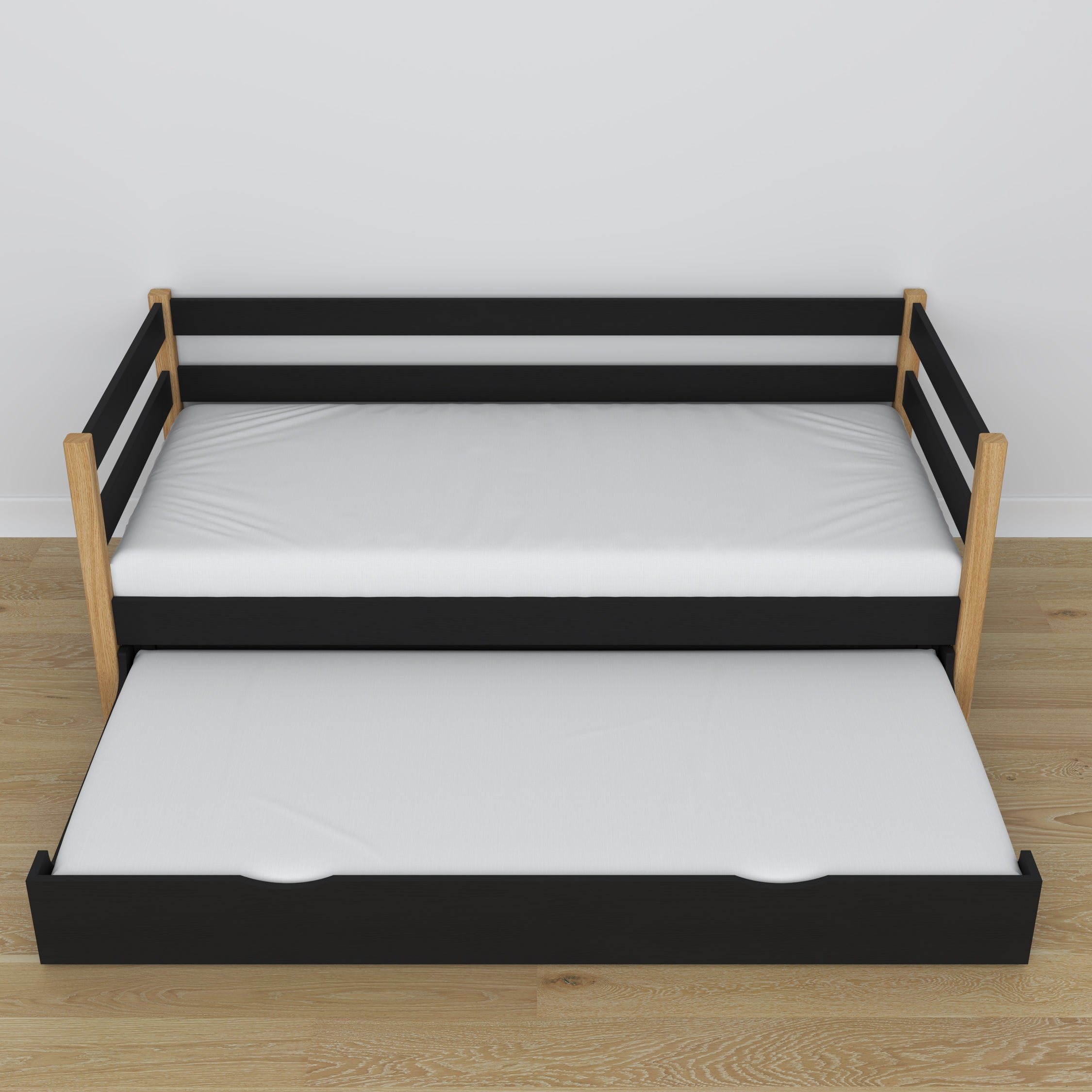 Black-oak sofa bed with mattress drawer made of wood – dimensions, Nizio