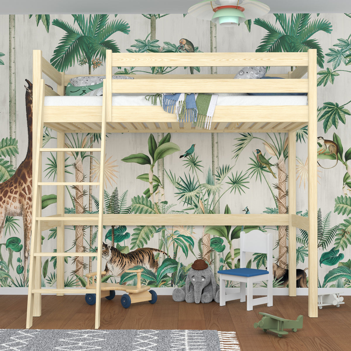 Hoogslaper transparant grenen – ladder en bedhek houten, Nizio Home
