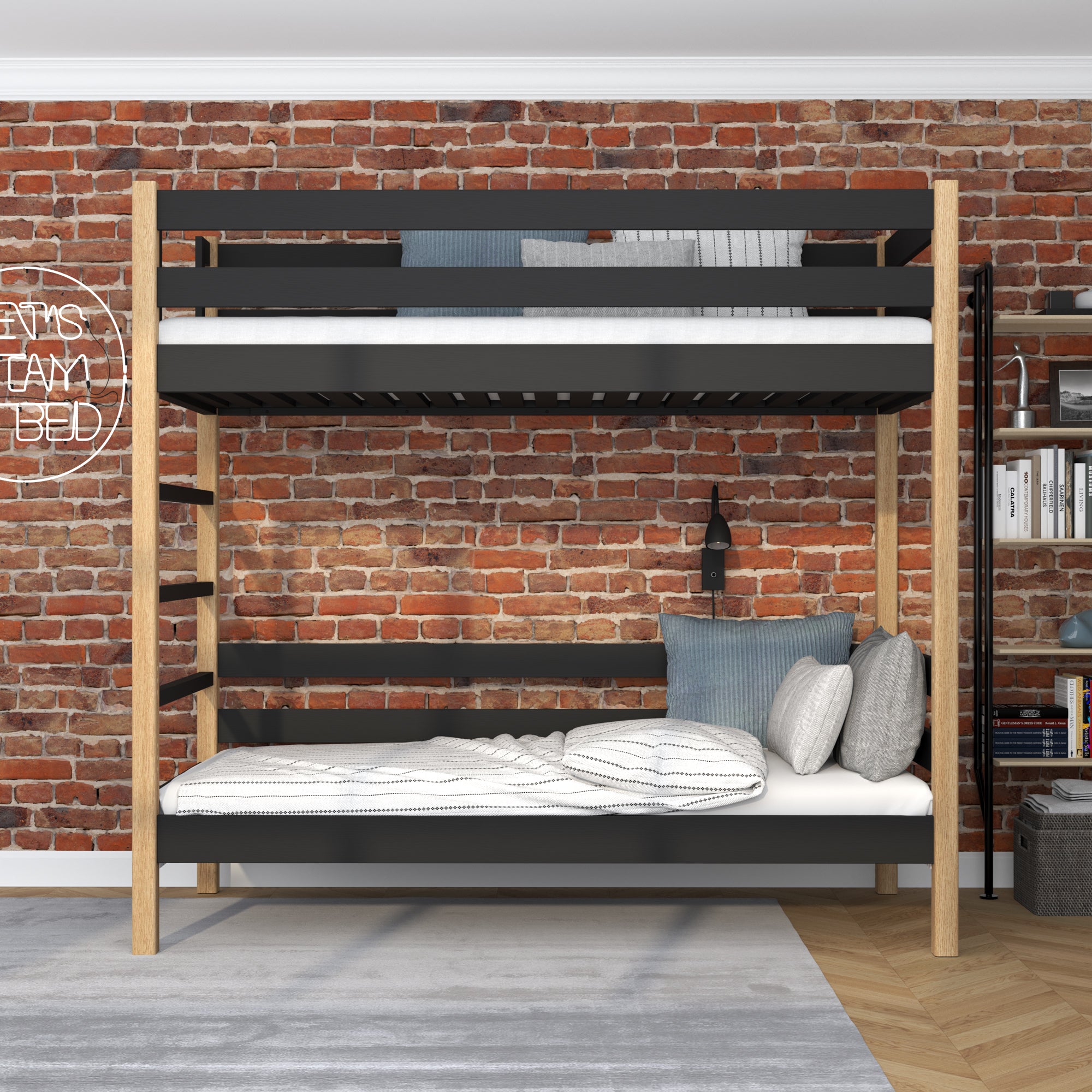 Stapelbed zwart-eiken – ladder en veiligheidsbeugel houten, Nizio Home