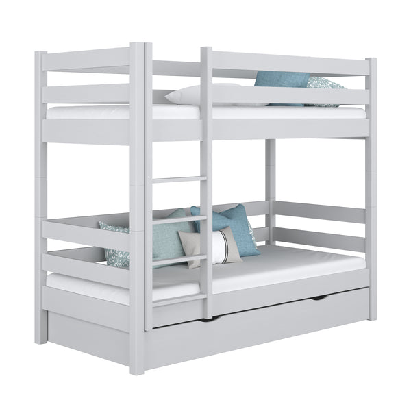 Lit superposé avec tiroir en bois gris – chambre d'enfant, bois massif, scandinave