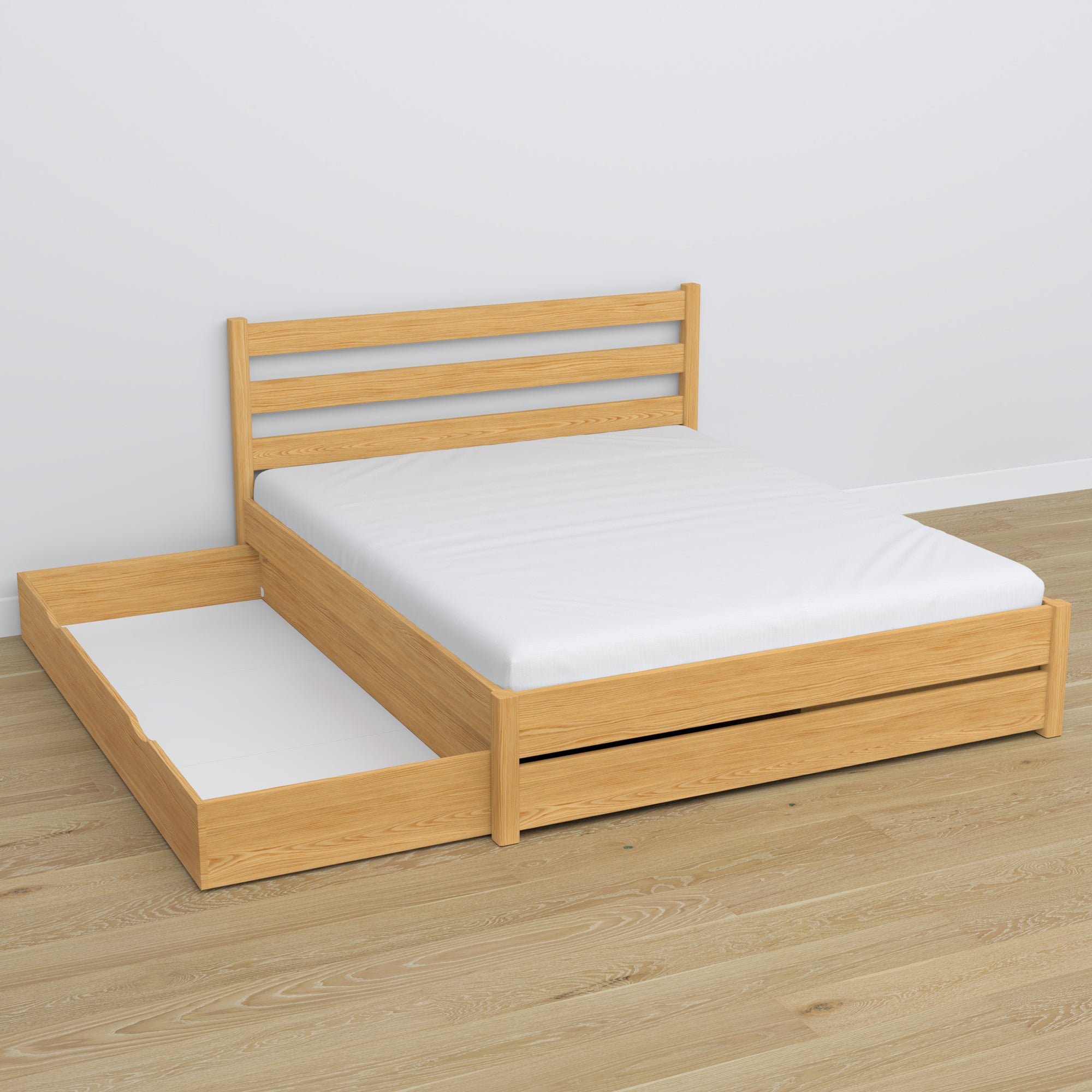 Double bed with wooden drawer natural pine – open drawer, spacious interior