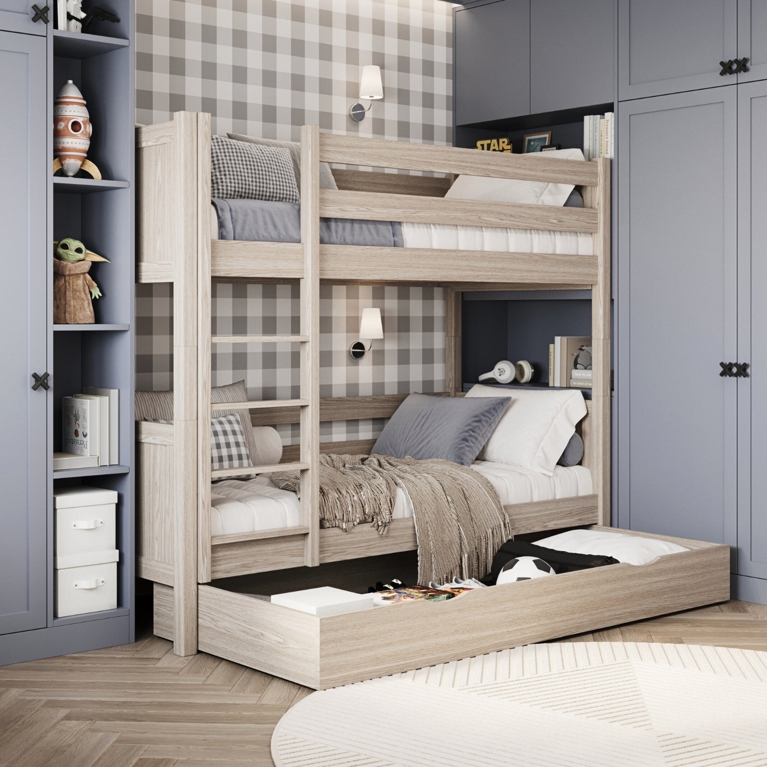 Stapelbed gewit eiken met lade – bedhek en ladder eiken, Nizio