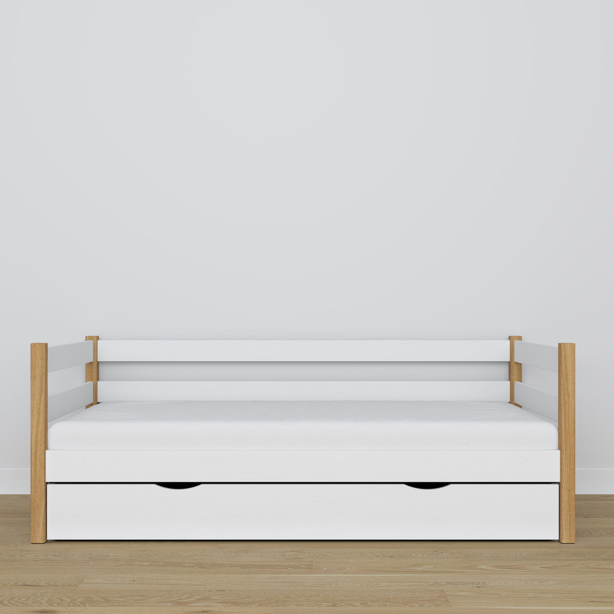 Slaapbank met lade wit-eiken van hout – afmetingen en schema, Nizio