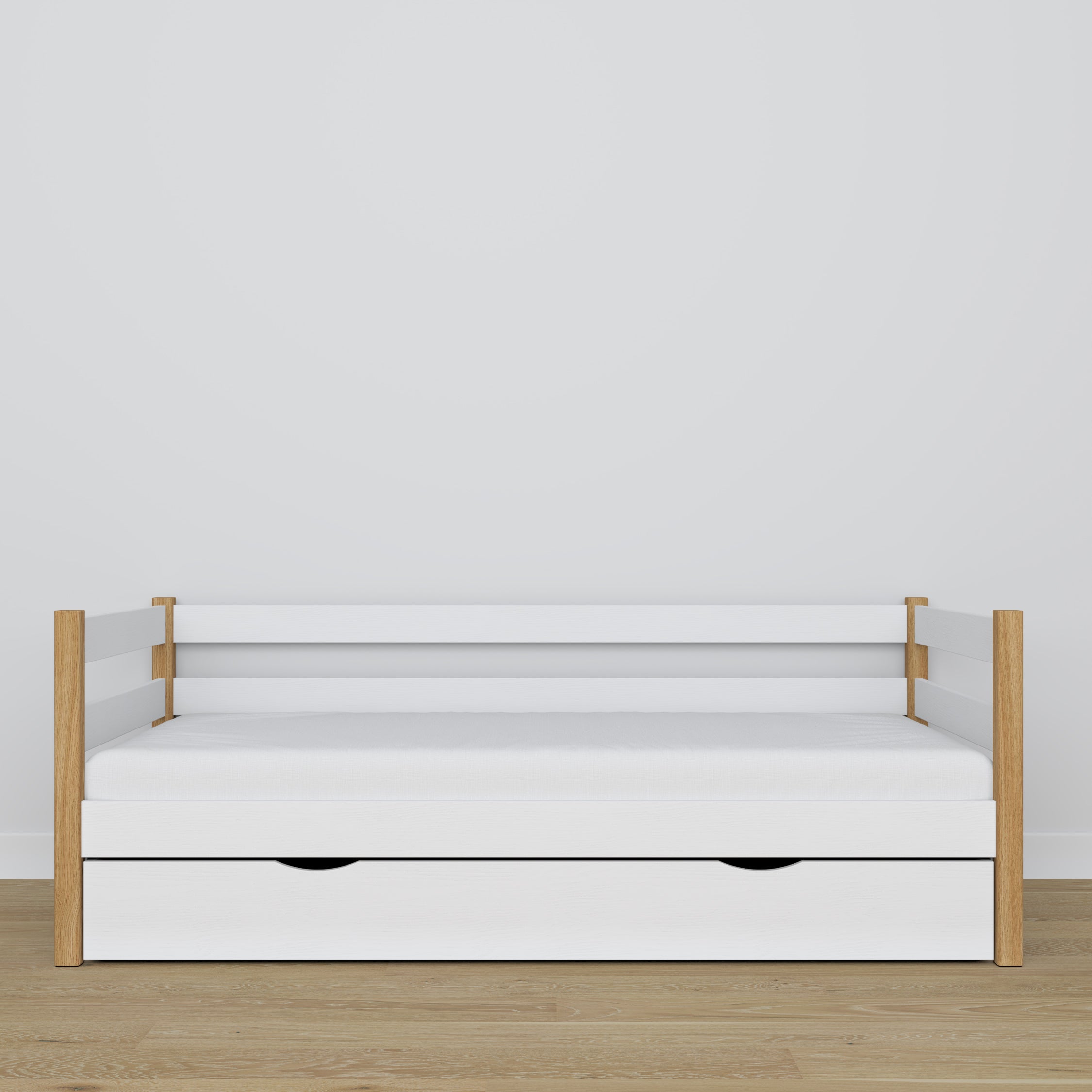 Slaapbank met lade wit-eiken van hout – afmetingen en schema, Nizio