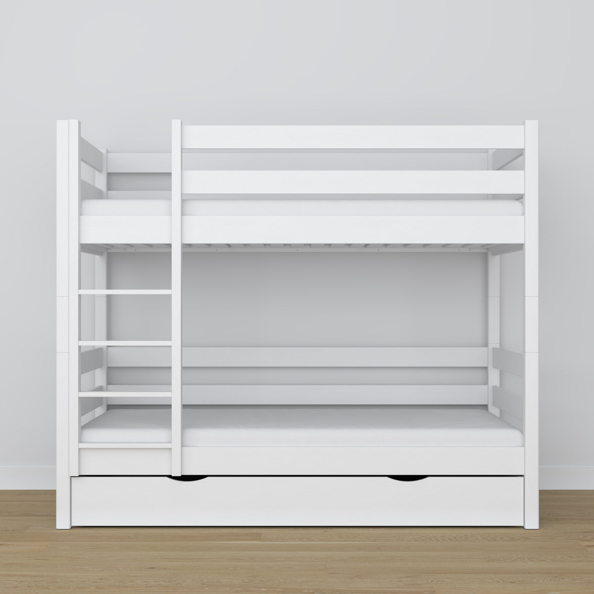 Lit superposé en bois blanc – détails des assemblages et de l'échelle, chambre d'enfant