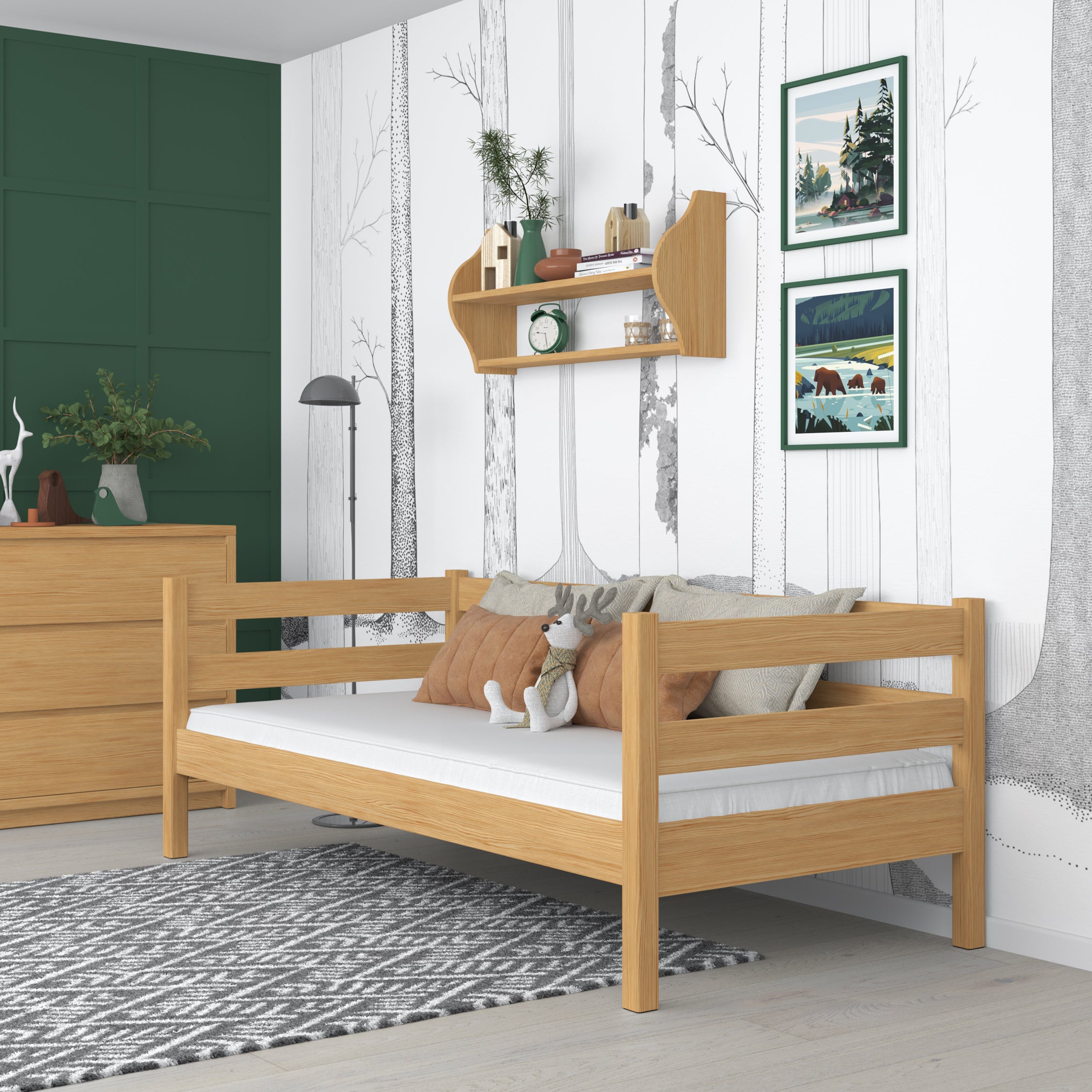 Sofabed houten naturel grenen – zijaanzicht, vorm en verhoudingen van het meubel