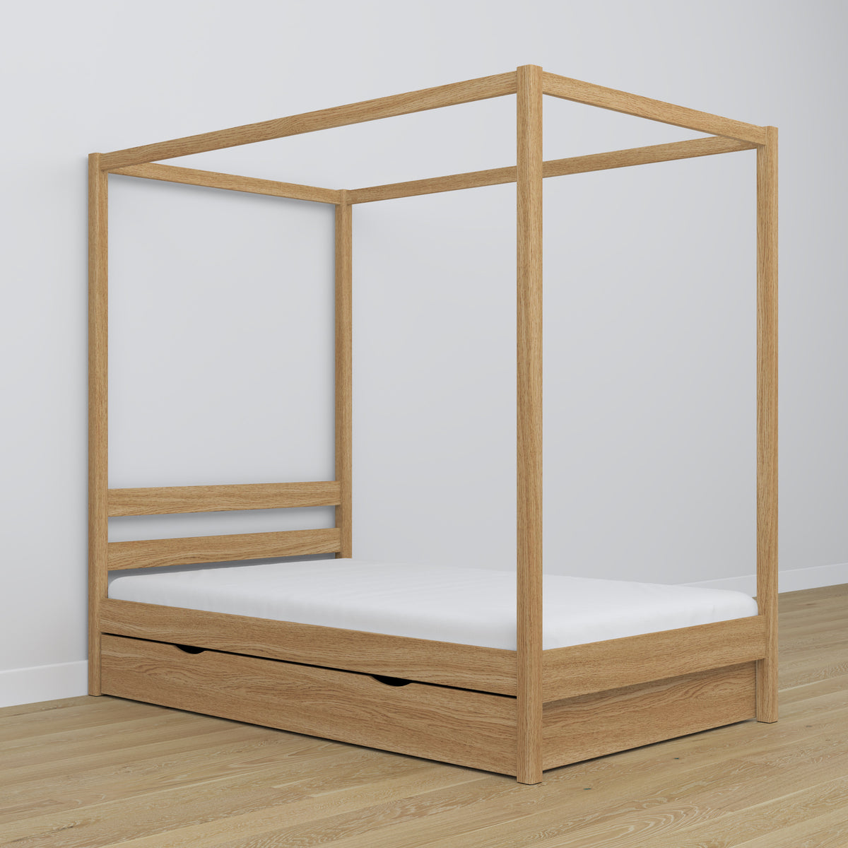 Bed met hemelbed eikenhouten naturel eiken – decoratief frame, kinderkamer