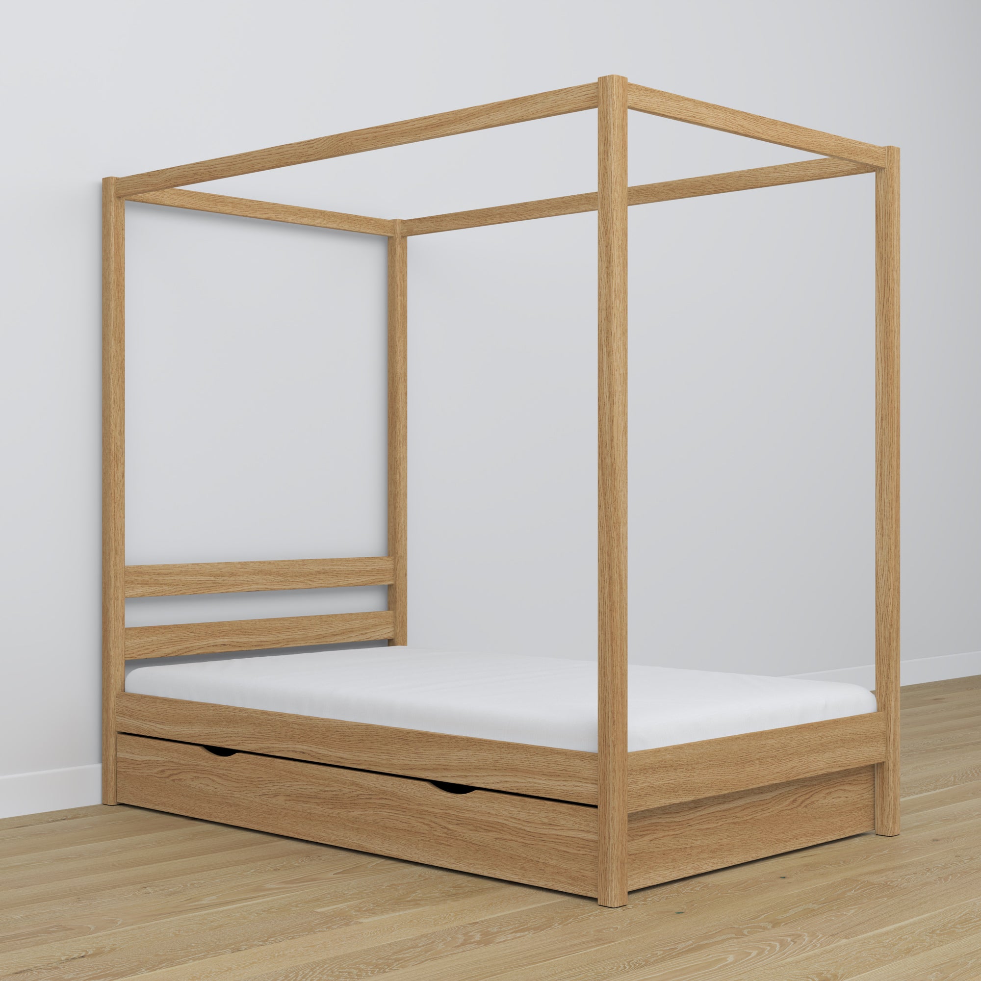 Bed met hemelbed eikenhouten naturel eiken – decoratief frame, kinderkamer