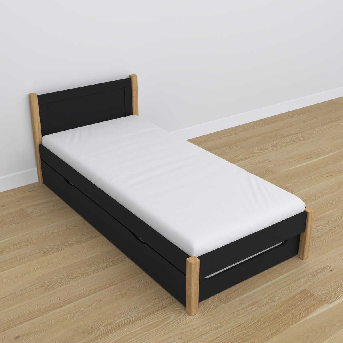 Bed met matraslade zwart-eiken van hout – afmetingen, Nizio