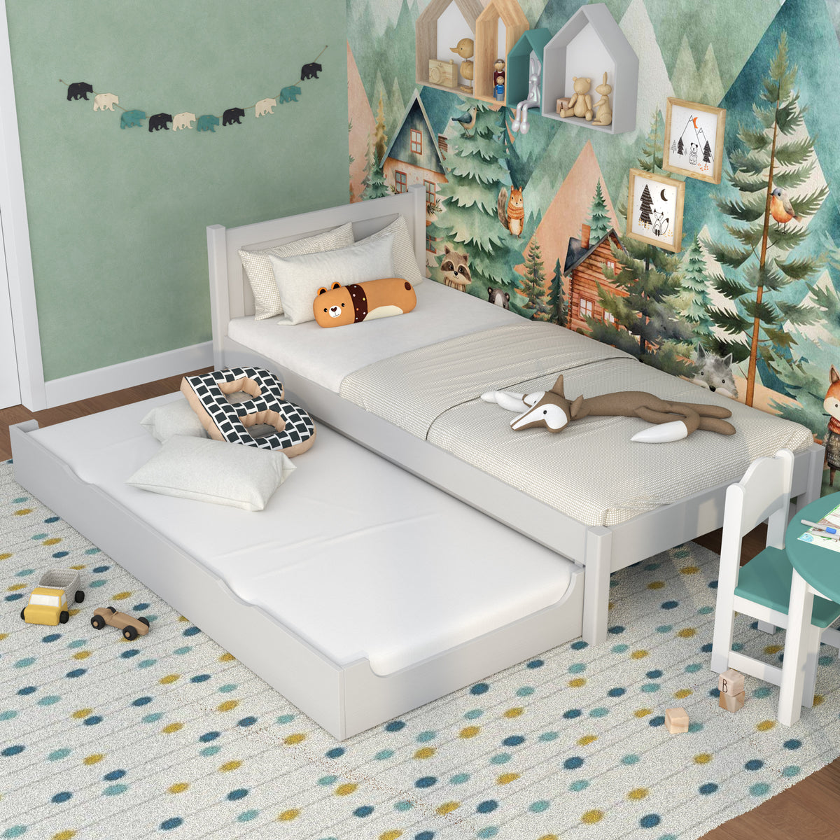 Lit avec tiroir pour matelas en bois gris – tiroir sorti, invité