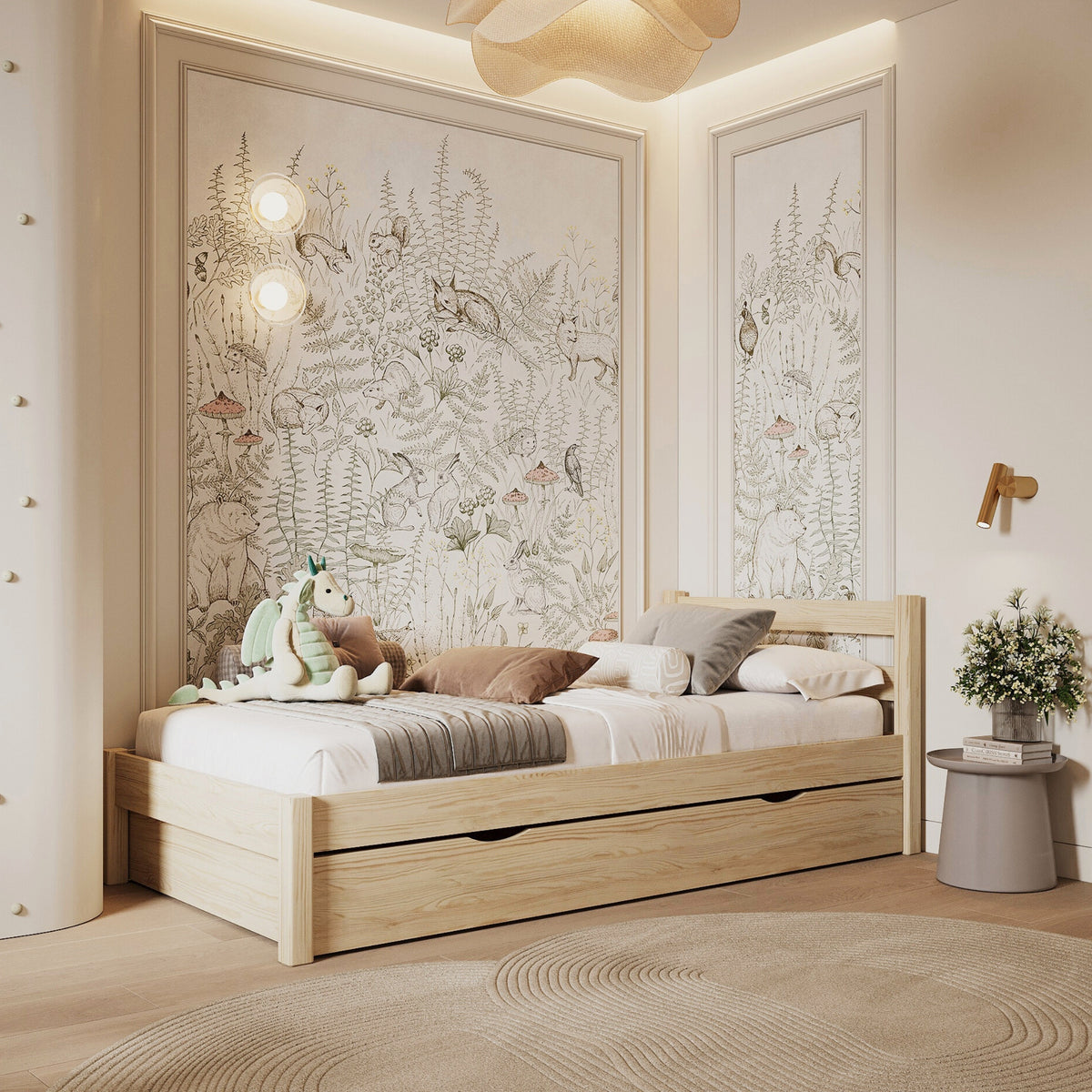 Clear pine bed with drawer – side view, wooden, Nizio Home