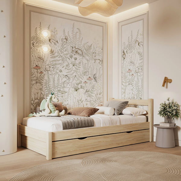 Bed transparant grenen met lade – zijaanzicht, houten, Nizio Home