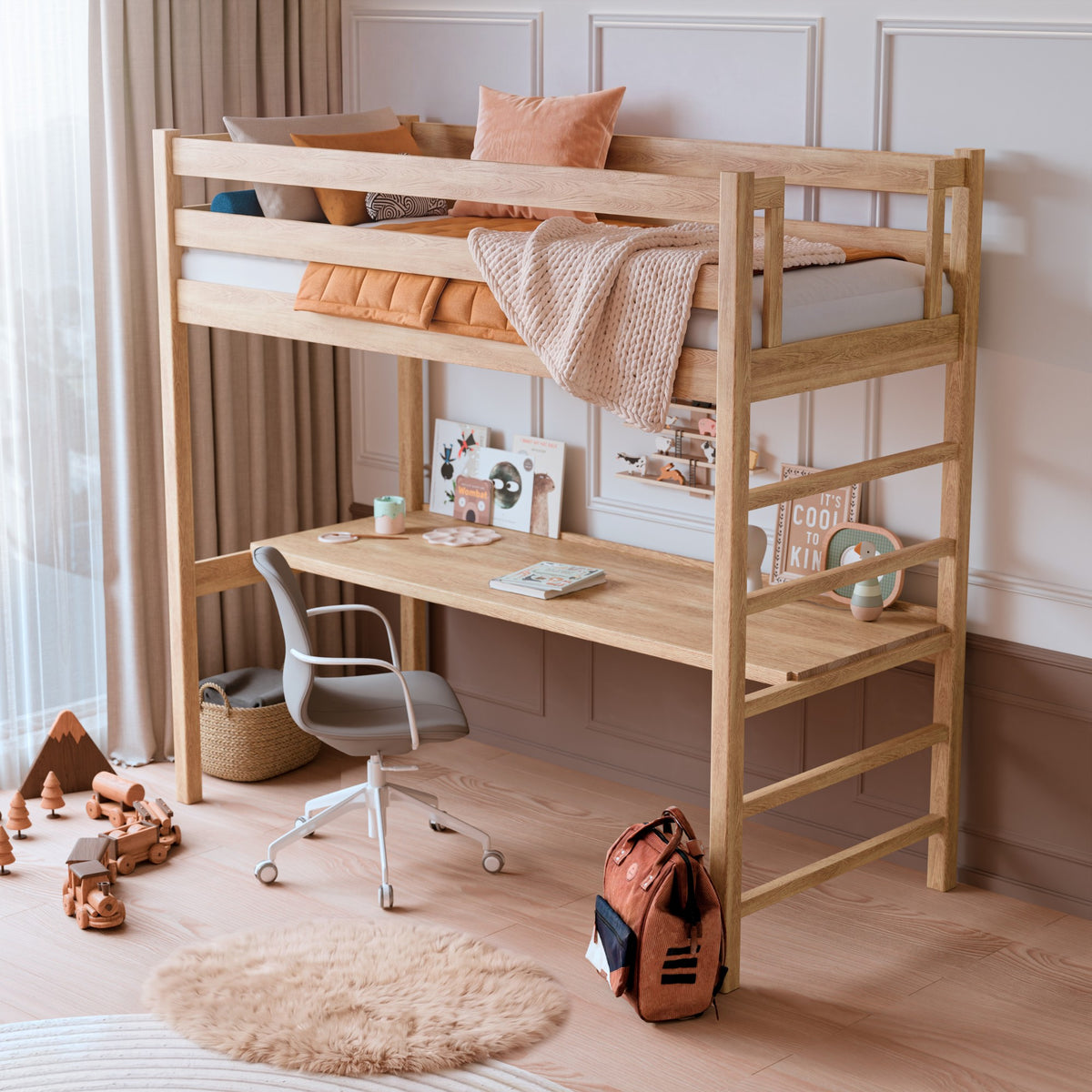 Eiken hoogslaper met bureau N01 natureel eiken